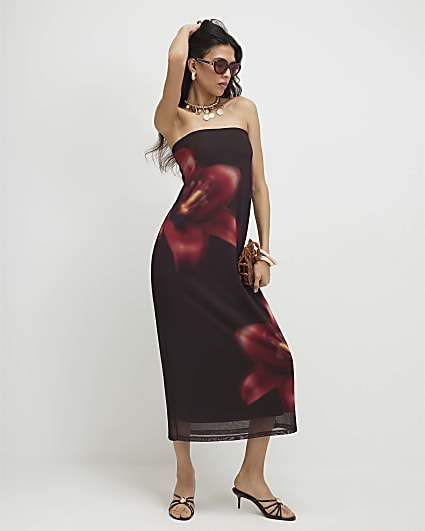 Brown Mesh Floral Bandeau Midi Dress