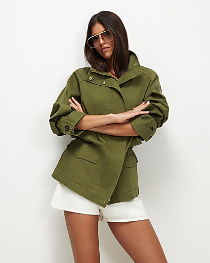 Green Drop Hem Drawstring Utility Jacket