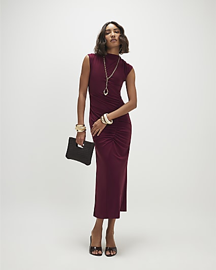 Red Sleeveless Ruched Maxi Dress