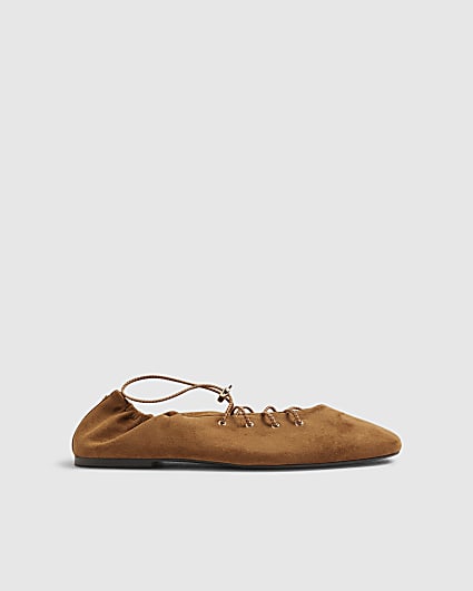 Brown Faux Suede Lace Up Ballet Flats