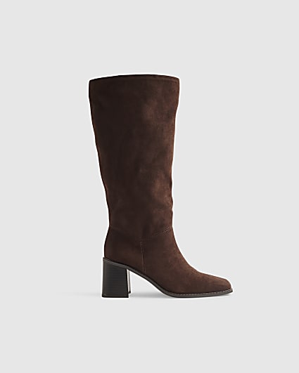 Brown Faux Suede High Heeled Slouch Boots