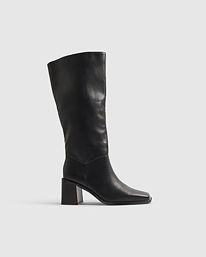 Black Block Heel High Leg Slouch Boots