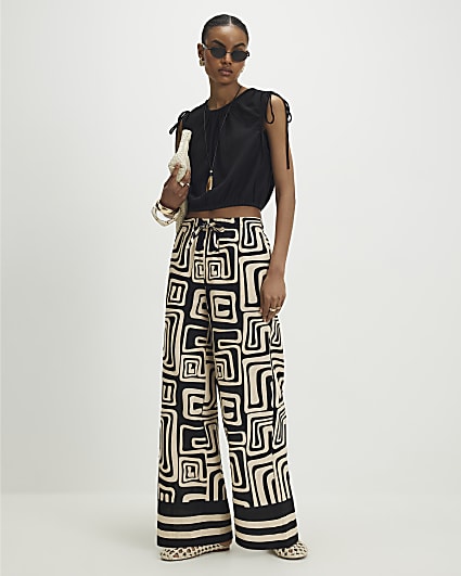 Black Geometric Linen Blend Wide Leg Trousers