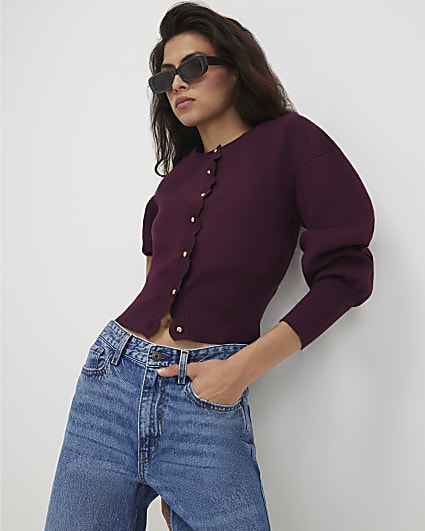 Red Scallop Detail Knit Cardigan