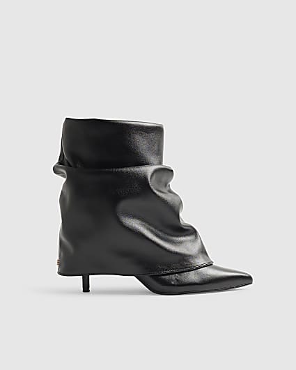 Black Faux Leather Ruched Folded Ankle Boots