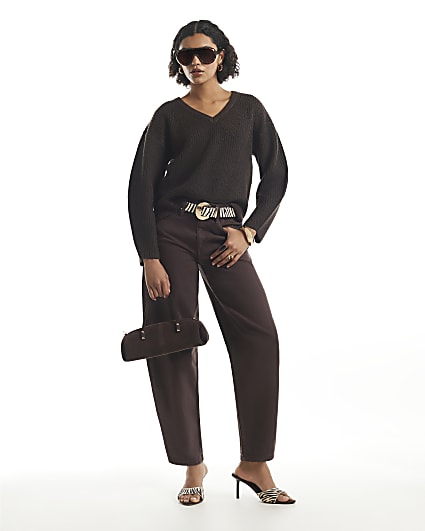 Brown Rib V Neck Jumper