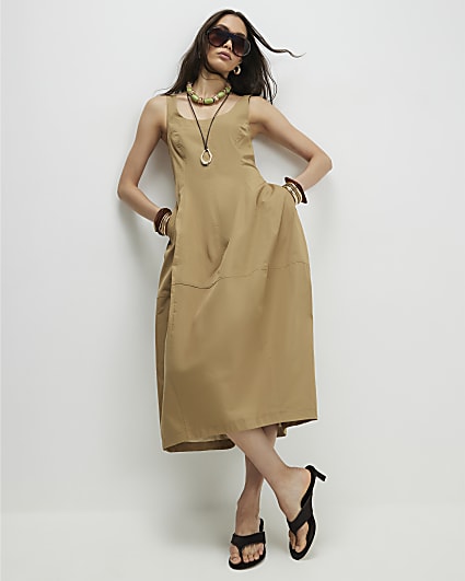 Beige Cotton Blend Cocoon Midi Dress