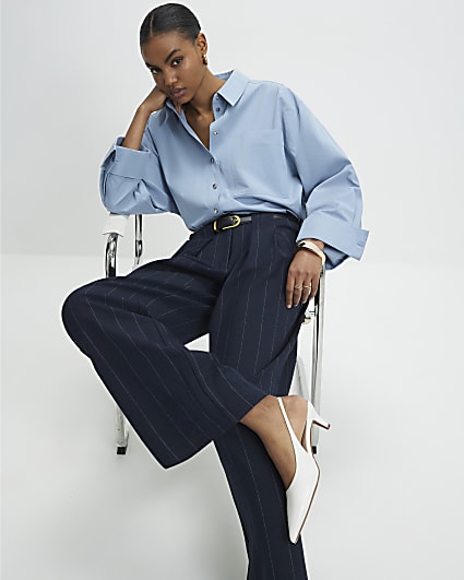 Navy Pinstripe Low Waist Belted Trousers