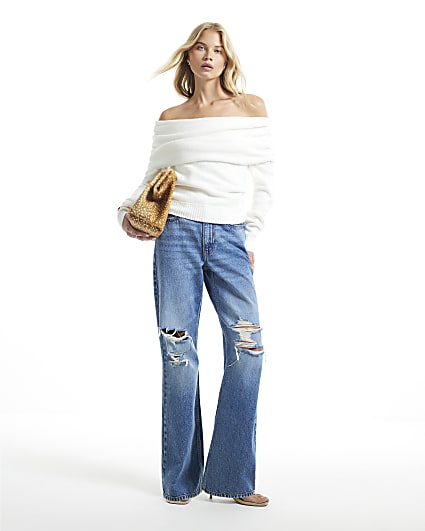 Cream Gathered Bardot Jumper