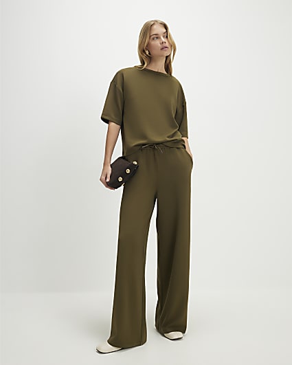 Khaki Premium Whipstitch Wide Leg Joggers