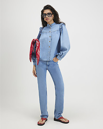 Blue Denim Long Sleeve Ruffle Shirt