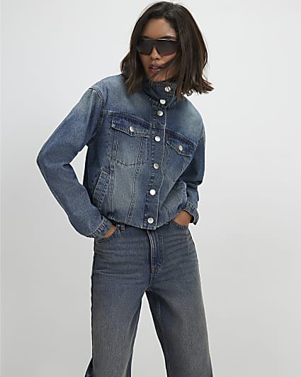 Blue Funnel Neck Denim Bomber Jacket