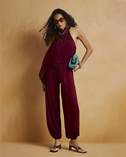 Red Halter Balloon Jumpsuit