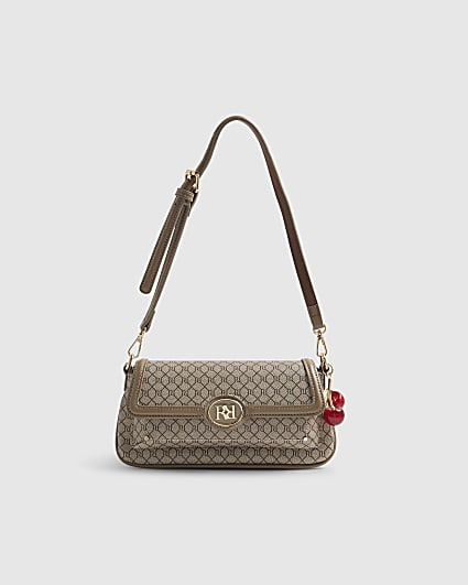 Beige Monogram Print Flap Front Shoulder Bag