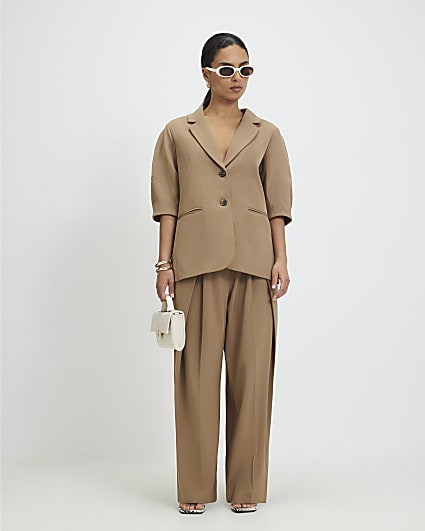Petite Beige Belted Barrel Leg Trousers