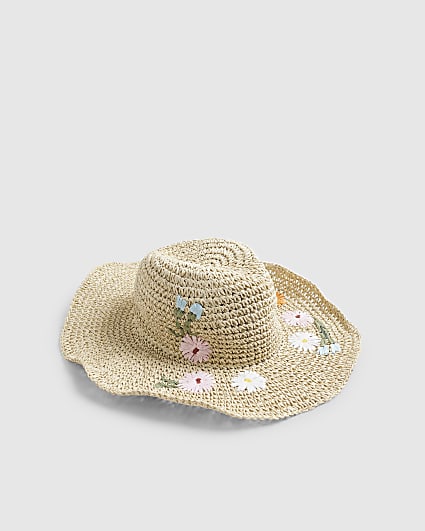 Beige Floral Straw Hat