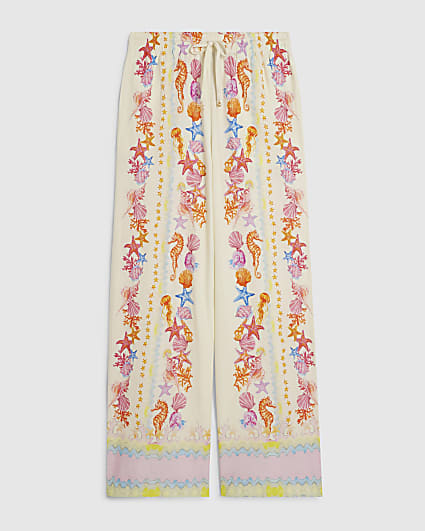 Cream Sea Life Print Wide Leg Trousers