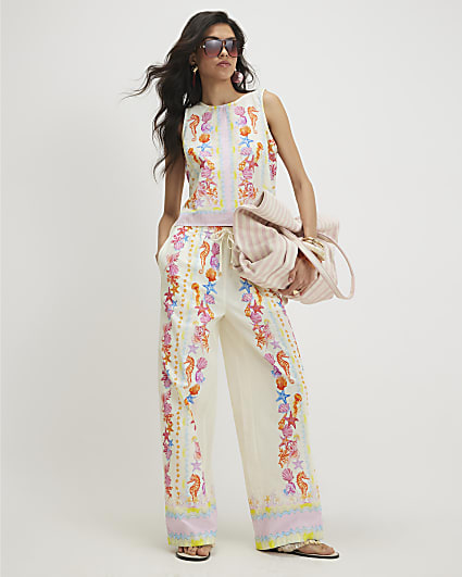 Cream Sea Life Print Wide Leg Trousers