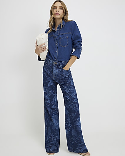 Blue Relaxed Straight Floral Print Jeans