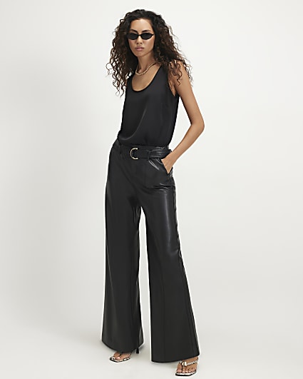 Black Faux Leather Belted Wide Leg Trousers