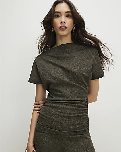 Khaki Glitter Drape Top