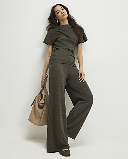 Khaki Glitter Wide Leg Trousers