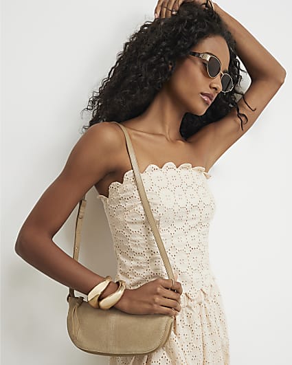 Beige Suede Slouchy Crossbody Bag
