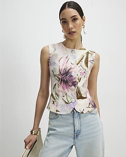Pink Linen Blend Floral Waistcoat