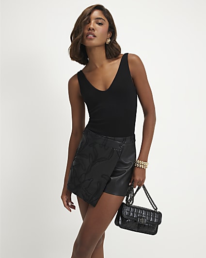 Black Faux Leather Embroidered Hybrid Skort