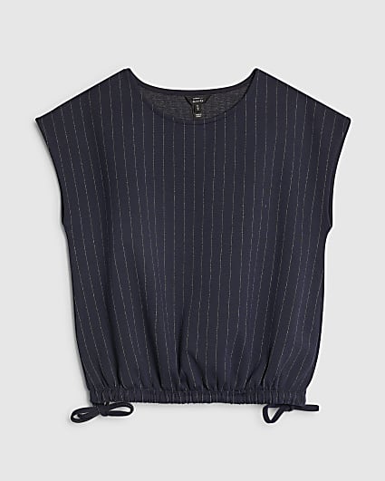Petite Navy Pinstripe Tie Side Balloon Top