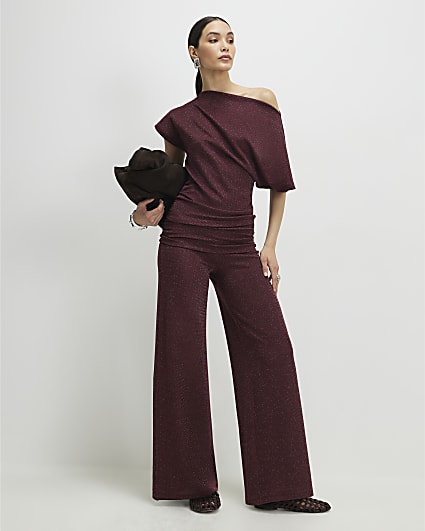 Red Glitter Wide Leg Trousers