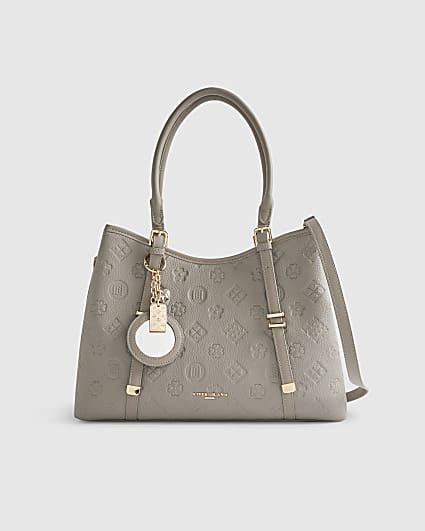 Grey Embossed Monogram Charm Tote Bag