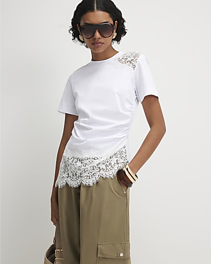 White Short Sleeve Lace Asymmetric Ruched Top