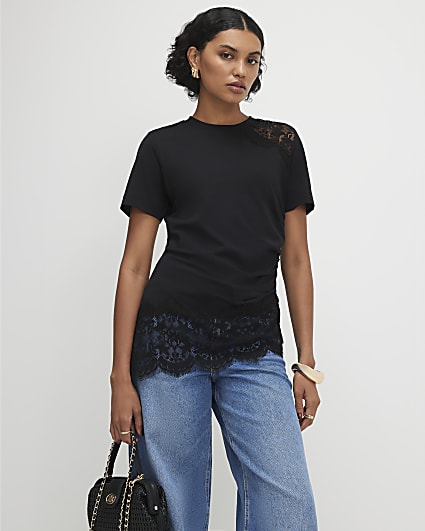 Black Short Sleeve Lace Aysmmetric Ruched Top