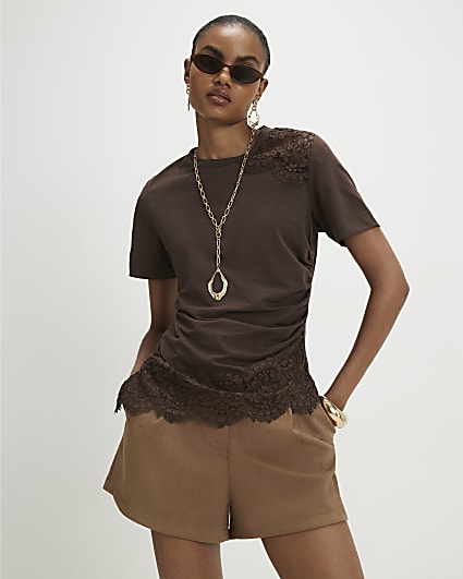 Brown Short Sleeve Lace Asymmetric Ruched Top