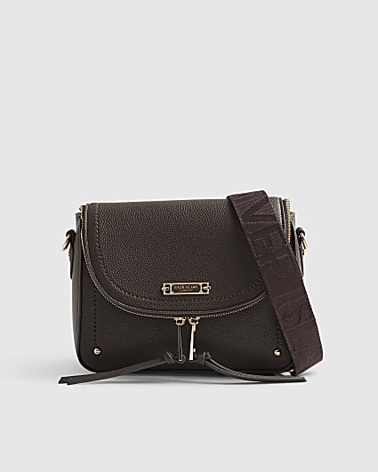 Brown Zip Flap Front Crossbody Bag