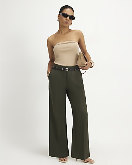 Petite Green Belted Slim Leg Trousers