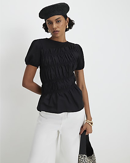 Black Short Sleeve Shirred Top