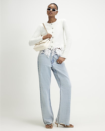 Cream Pointelle Lace Hem Cardigan