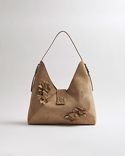 Beige 3D Floral Faux Suede Slouch Bag
