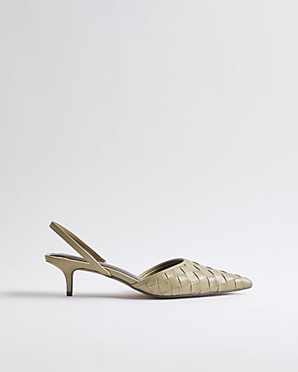 Green Woven Slingback Kitten Heel Court Shoes