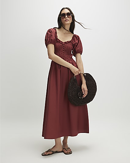 Brown Cotton Shirred Midi dress