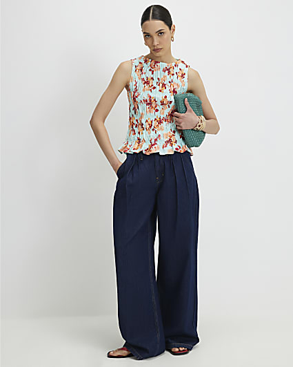 Blue Cotton Floral Shirred Tank Top
