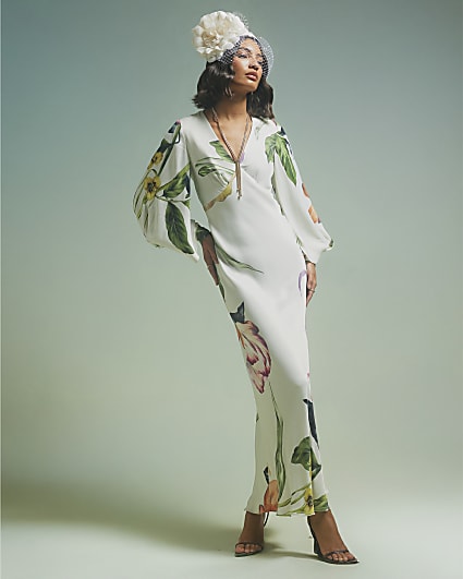 Cream Premium Floral Split Sleeve Midi Dress