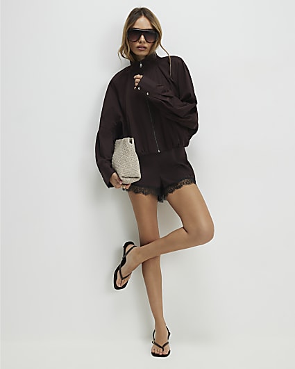 Brown Zip Front Cropped Shacket