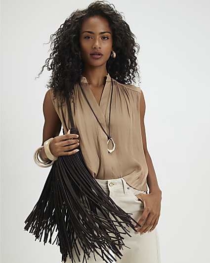 Beige Sleeveless Satin Blouse