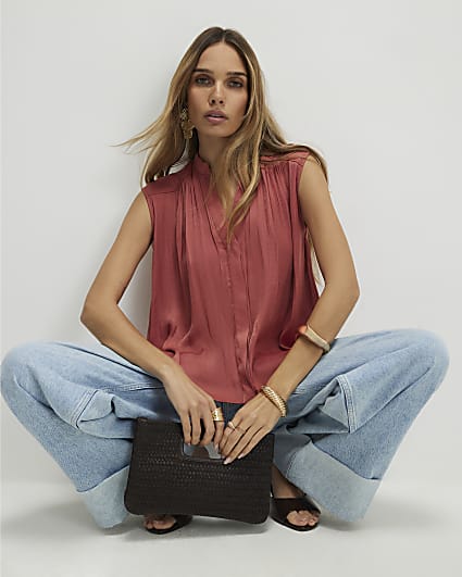 Orange Sleeveless Satin Blouse