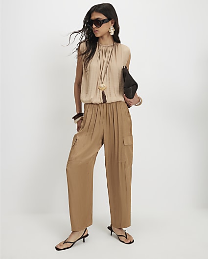 Beige Satin Cargo Trousers