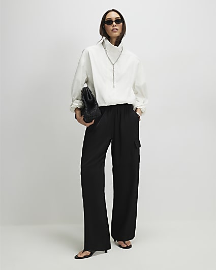 Black Satin Cargo Trousers