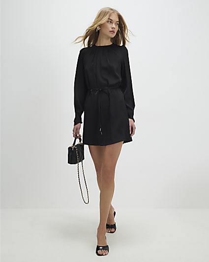 Black Pleated Neck Mini Shift Dress